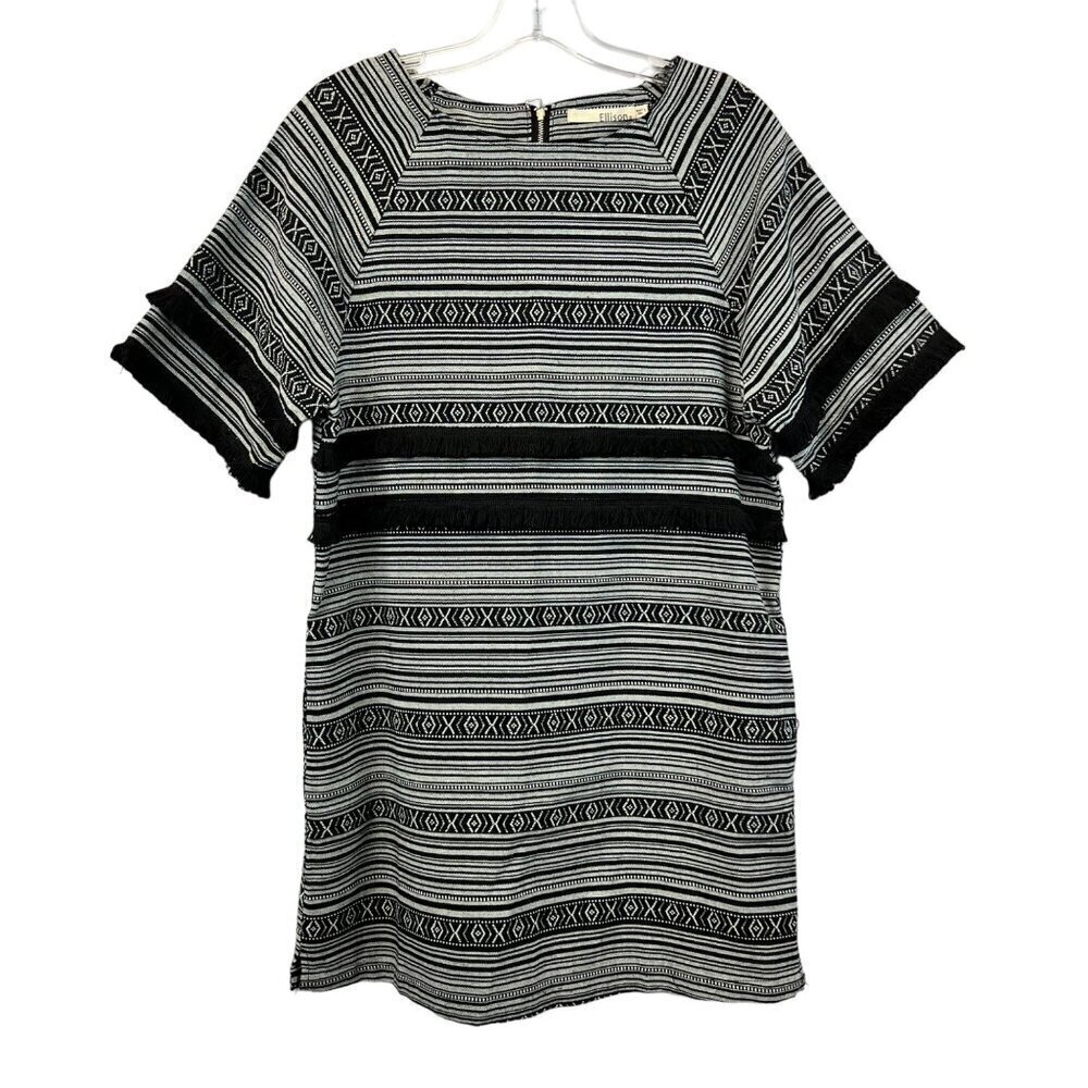 Ellison Womens Short Sleeve Black/White Striped Sheath Dress Fringe Small
